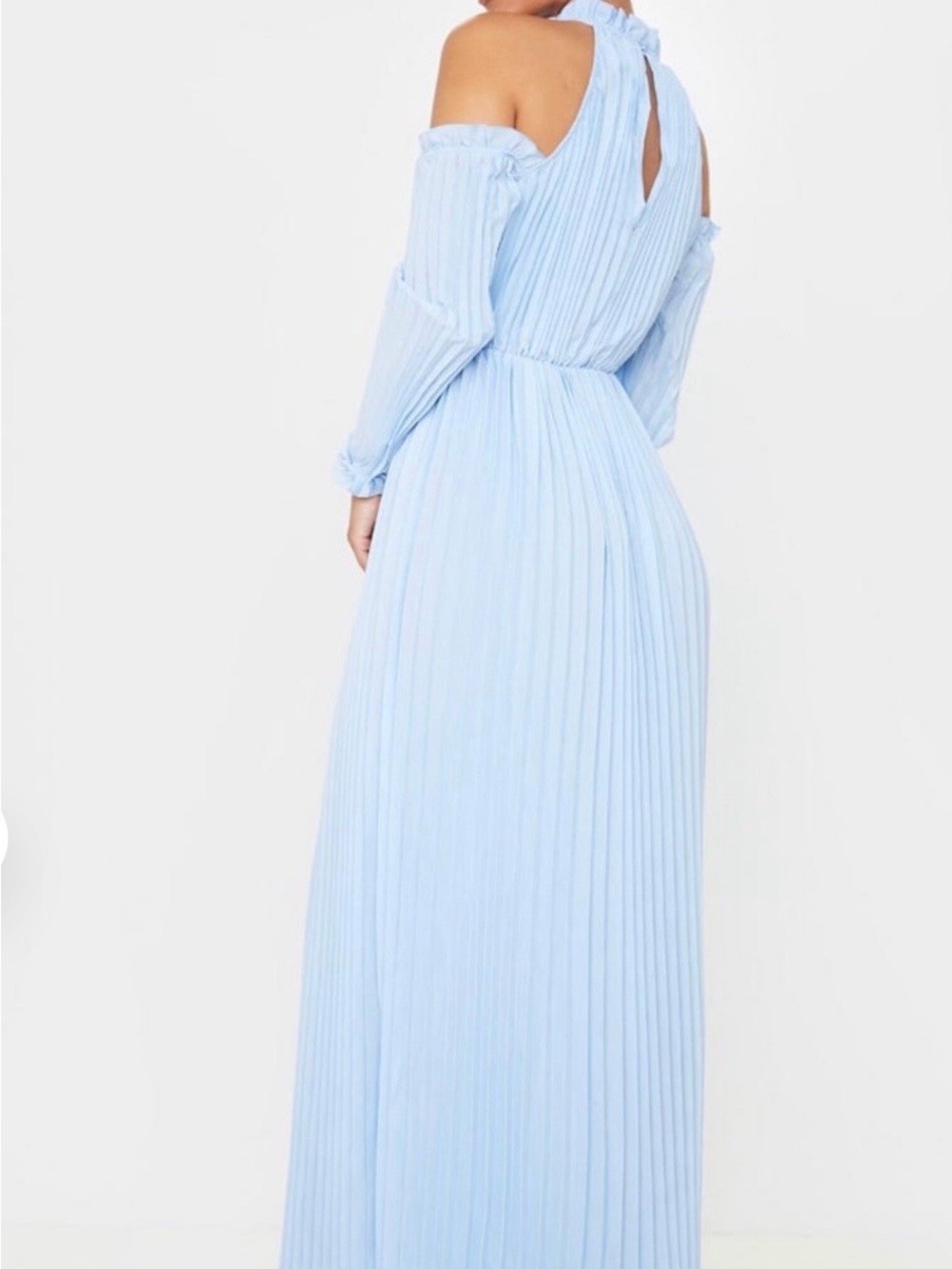 Elegant Pleated Light Blue Maxi Dress with Cut Out Shoulders